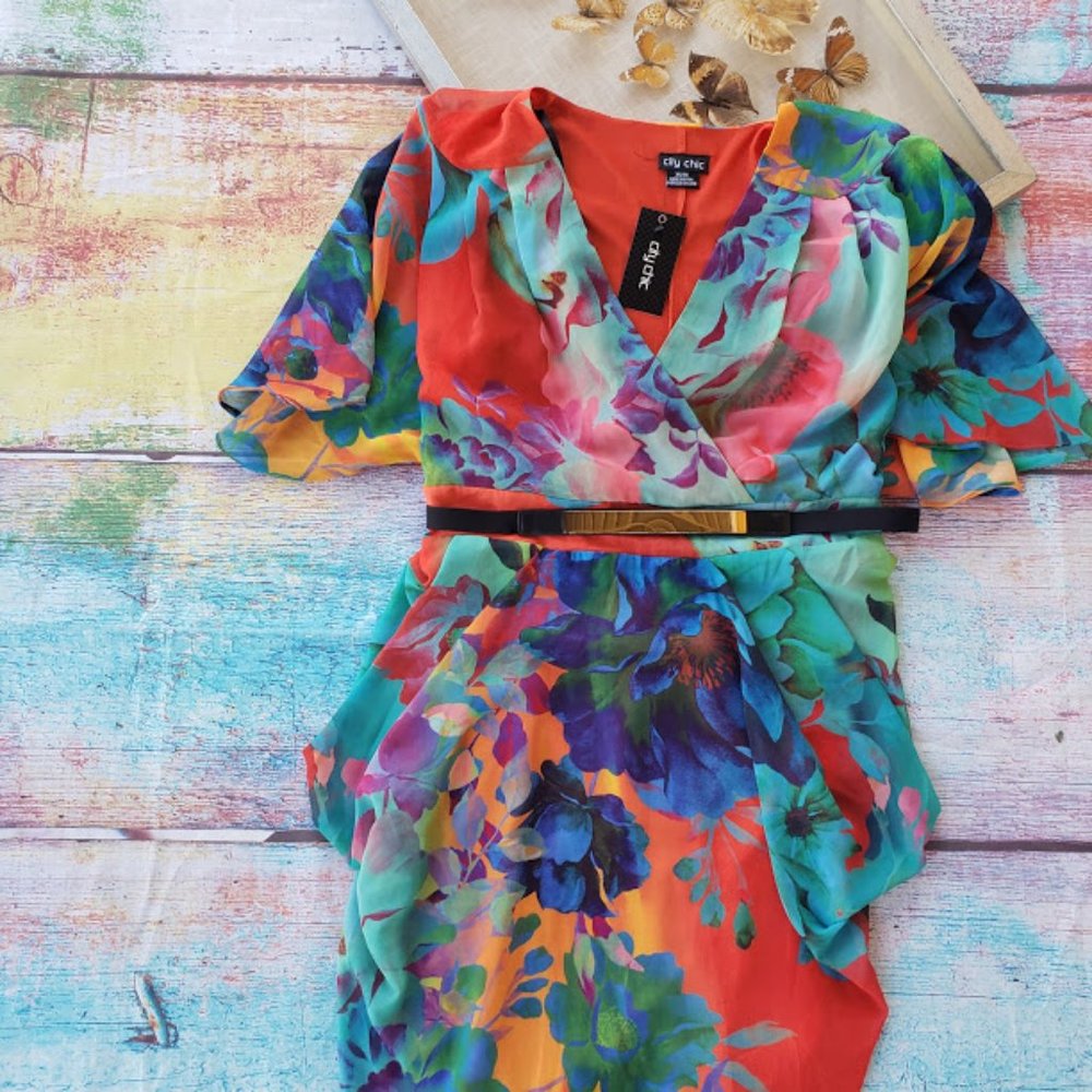 NWT City Chic Summer Faux Wrap Chiffon Dress - Picture 7 of 12